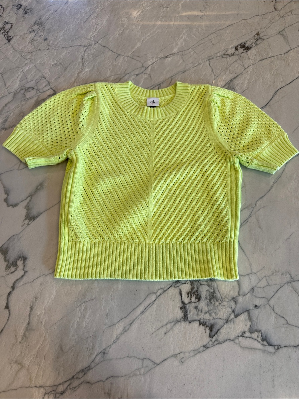 CAbi Lime Knit Puff-Sleeve Short-Sleeve Sweater